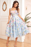 A Line Spaghetti Straps Lilla Tea Længde Prom Dress med 3D Blomster