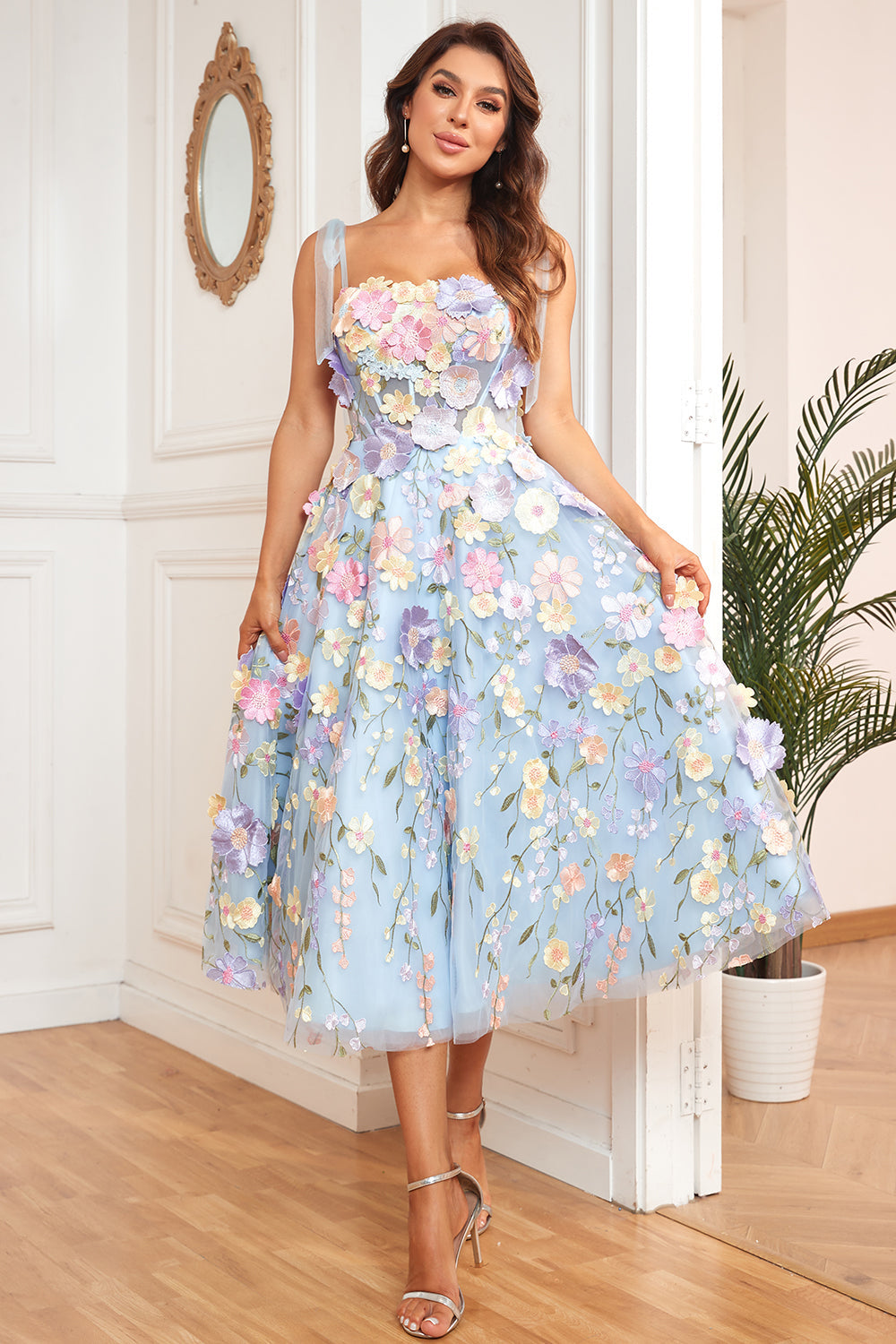 A Line Spaghetti Straps Lilla Tea Længde Prom Dress med 3D Blomster