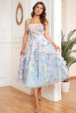 A Line Spaghetti Straps Lilla Tea Længde Prom Dress med 3D Blomster