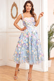 A Line Spaghetti Straps Lilla Tea Længde Prom Dress med 3D Blomster