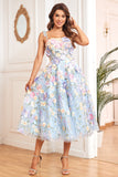 A Line Spaghetti Straps Blå Te Længde Gallakjolle med 3D Blomster