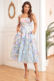 A Line Spaghetti Straps Lilla Tea Længde Prom Dress med 3D Blomster