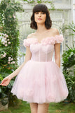 Pink off the shoulder korset hjemkomstkjole med blomster