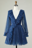 A Line Deep V Neck Navy Short Homecoming Dress med flæser