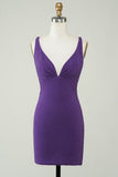 Stilfuld dyb V-hals lilla kort hjemkomstkjole med Criss Cross Back