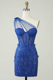 Unik kappe One Shoulder Royal Blue Kort Homecoming Kjole med applikationer