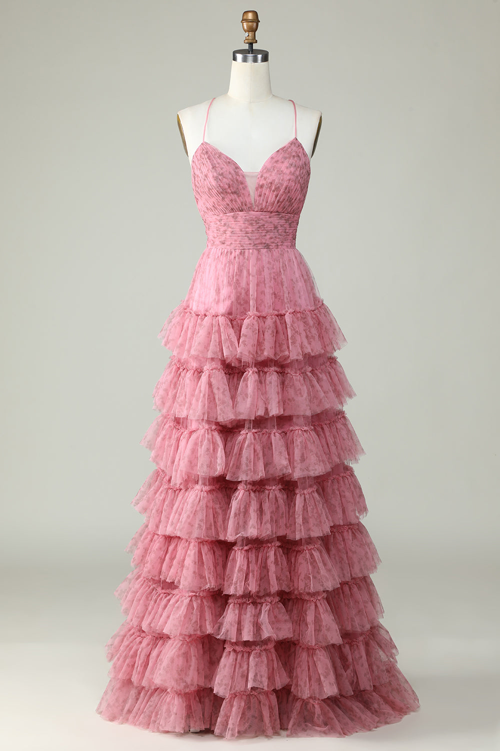 A Line Spaghetti Straps Layered Pink Tulle Prom Dress med blomsterprint
