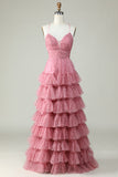 A Line Spaghetti Straps Layered Pink Tulle Prom Dress med blomsterprint