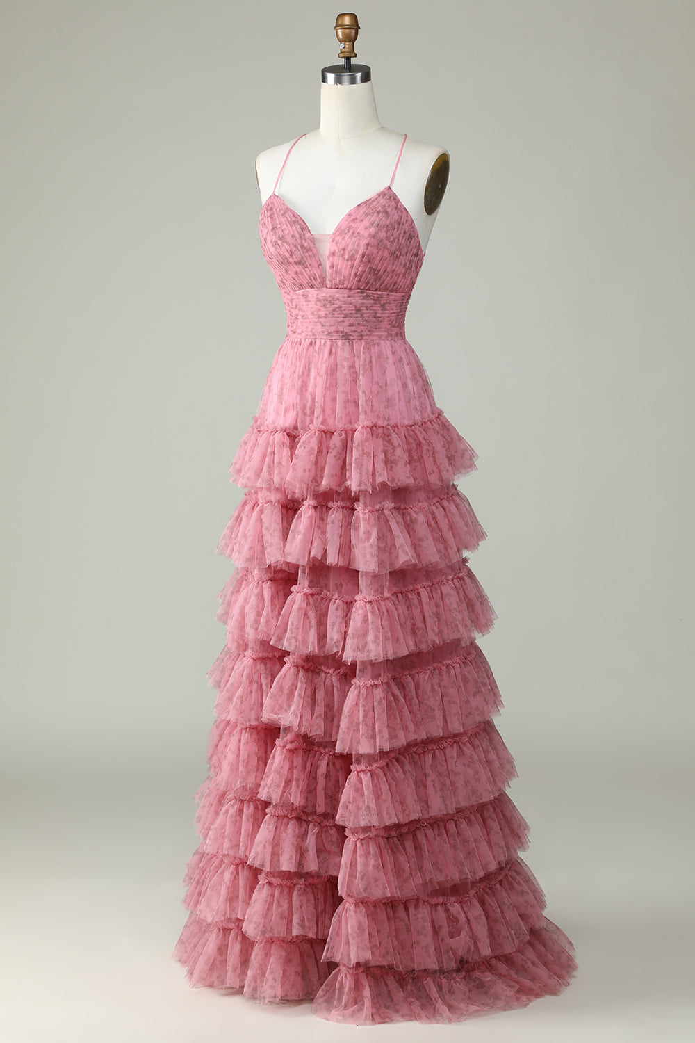 A Line Spaghetti Straps Layered Pink Tulle Prom Dress med blomsterprint