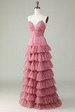 A Line Spaghetti Straps Layered Pink Tulle Prom Dress med blomsterprint