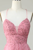 A Line Spaghetti Straps Layered Pink Tulle Prom Dress med blomsterprint