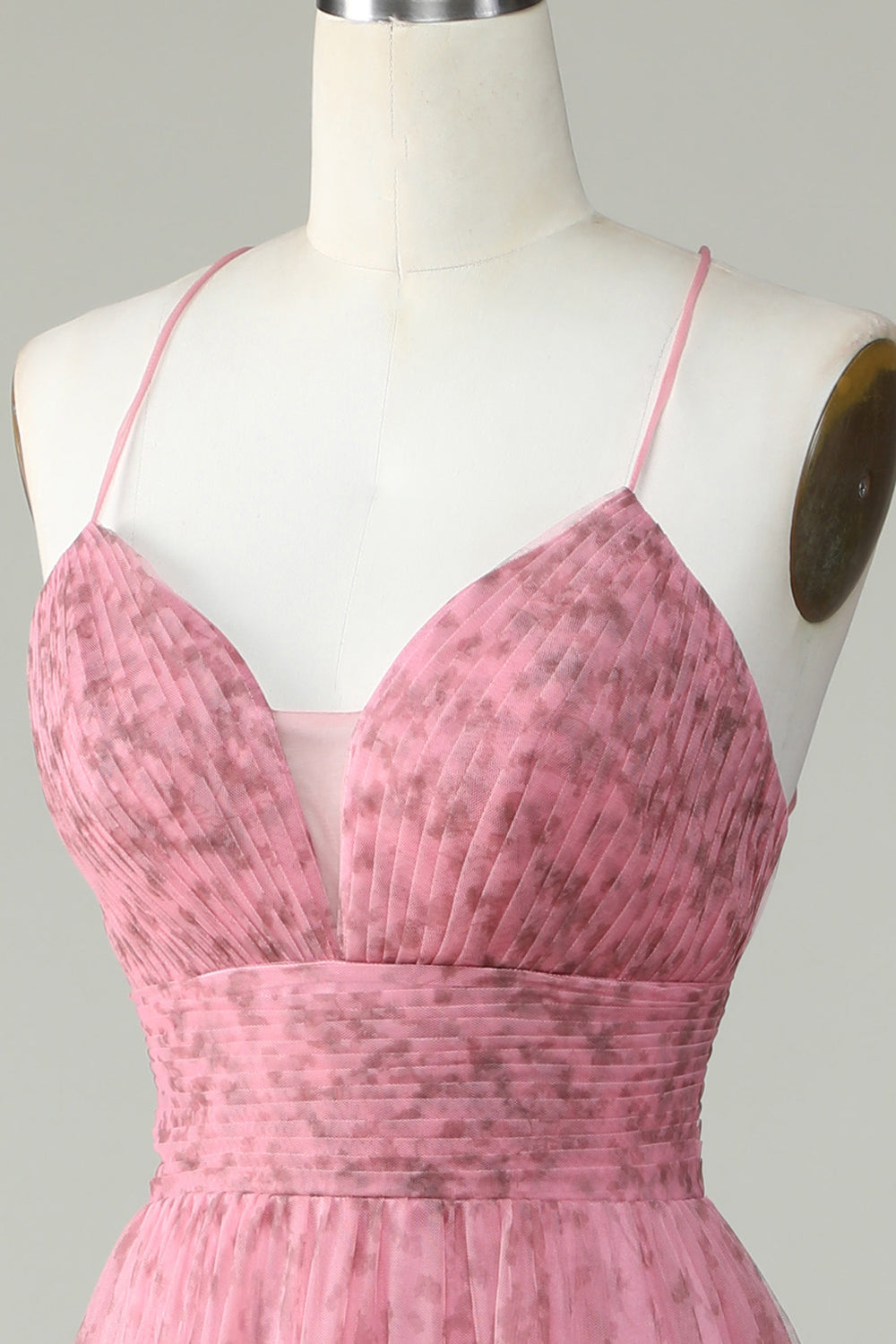 A Line Spaghetti Straps Layered Pink Tulle Prom Dress med blomsterprint