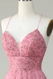 A Line Spaghetti Straps Layered Pink Tulle Prom Dress med blomsterprint