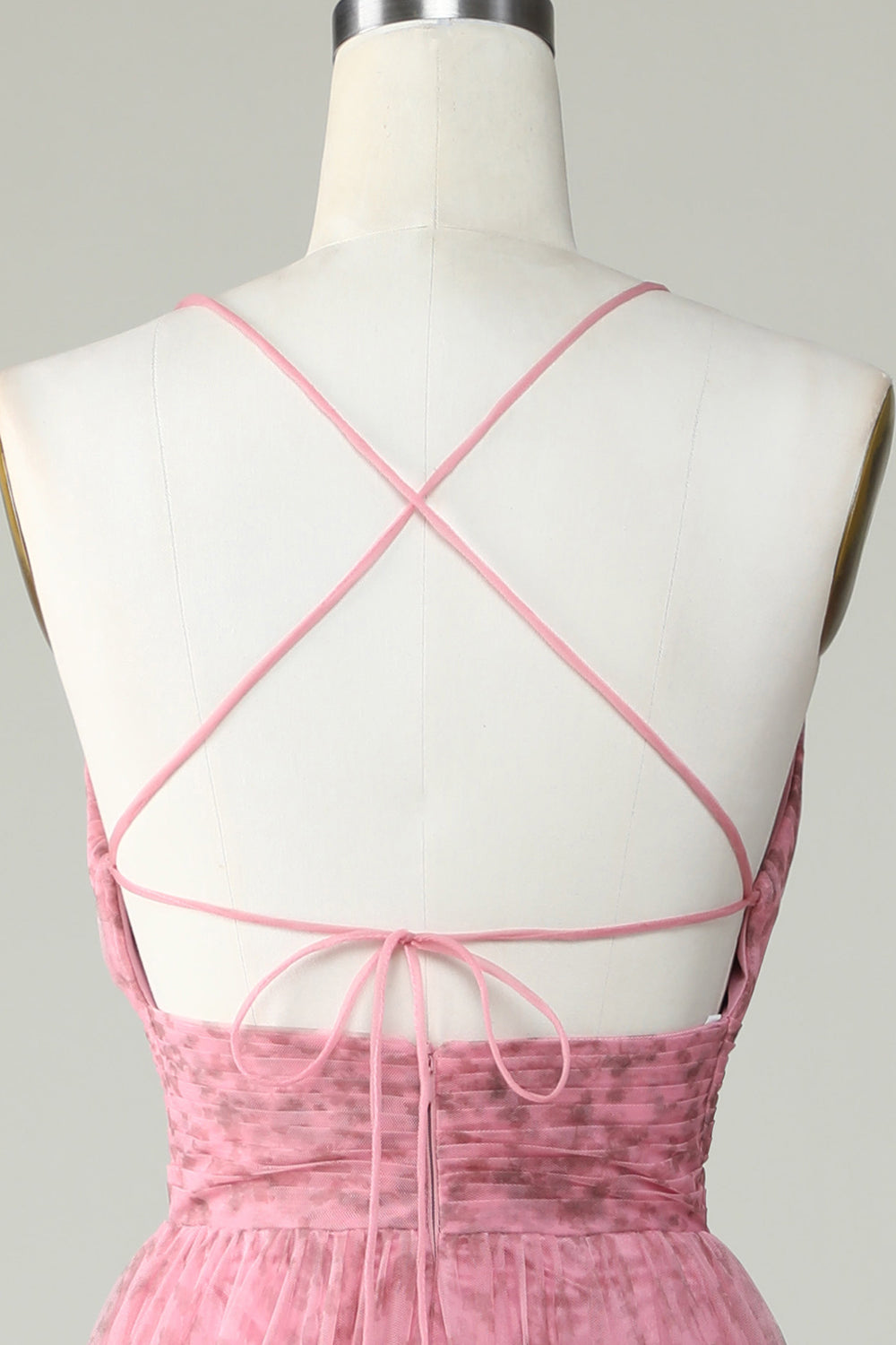 A Line Spaghetti Straps Layered Pink Tulle Prom Dress med blomsterprint