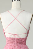 A Line Spaghetti Straps Layered Pink Tulle Prom Dress med blomsterprint