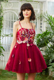 Bourgogne A Line Spaghetti Straps Homecoming kjole med 3D blomster