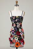 Bodycon Spaghetti Stropper Sort Homecoming Kjole med 3D Blomster