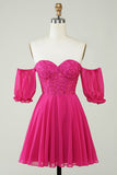 Fuchsia korset A-Line Chiffon kort hjemkomstkjole med blonder