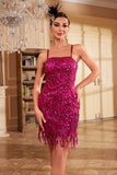 Skede Spaghetti Stropper Fuchsia Pailletter 1920'erne Festkjole med frynser