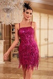 Skede Spaghetti Stropper Fuchsia Pailletter 1920'erne Festkjole med frynser