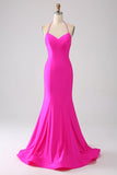 Fuchsia Havfrue Halter Hals Rygløs Lang Gallakjole