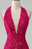 Fuchsia Havfrue Halter Paillet gallakjole med slids