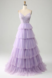 Lilac Tyl lagdelt Prinsesse korset gallakjole med applikationer
