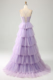 Lilac Tyl lagdelt Prinsesse korset gallakjole med applikationer