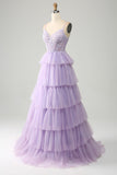 Lilac Tyl lagdelt Prinsesse korset gallakjole med applikationer