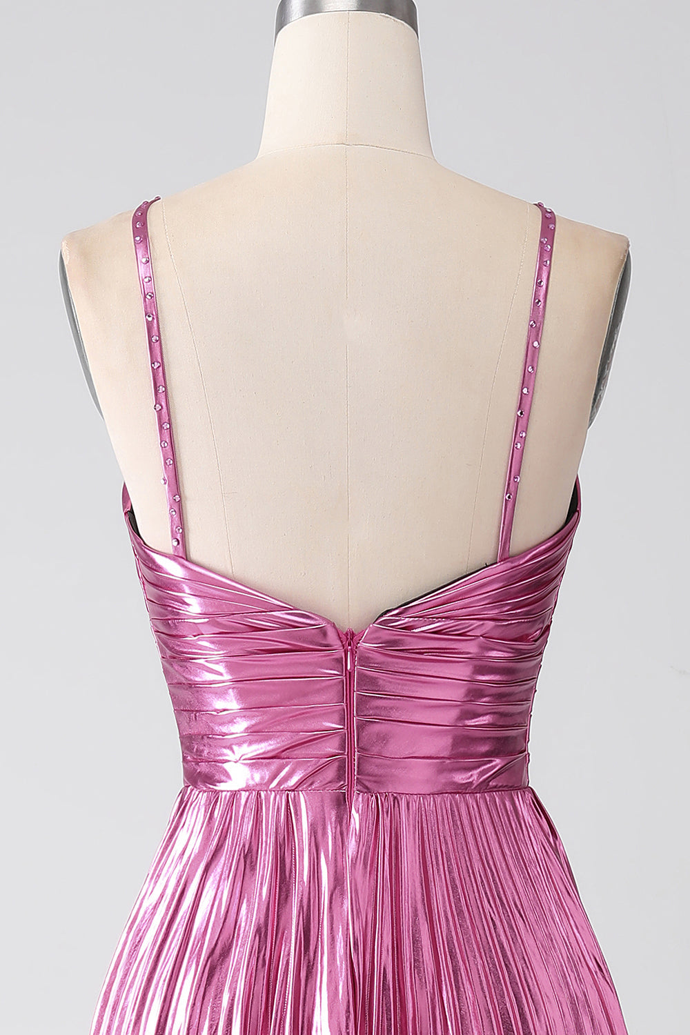 Fuchsia A-Line Spaghetti Stropper Plisseret gallakjole med slids