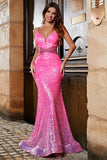 Hot Pink Glitter Havfrue gallakjole med perletalje