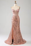 Rosaguld havfrue beaded ruched pailletkorset gallakjole med sideslids