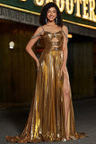 Glitrende ruched spaghetti stropper Beaded metallisk gallakjole med slids
