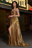 Glitrende ruched spaghetti stropper Beaded metallisk gallakjole med slids