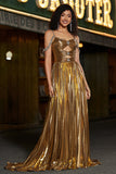 Glitrende ruched spaghetti stropper Beaded metallisk gallakjole med slids