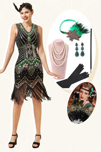 Sortgrønne pailletter frynser 1920'erne Gatsby kjole med 20'erne tilbehør sæt