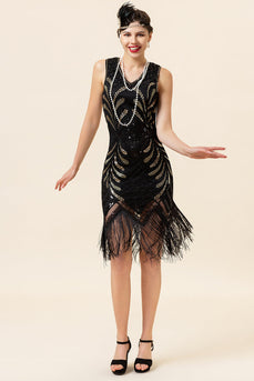 Sorte pailletter frynser 1920'erne Flapper kjole med 20'erne tilbehør sæt