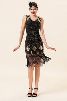 Sorte og gyldne pailletter frynser 1920'erne Gatsby Flapper kjole med 20'erne tilbehør sæt