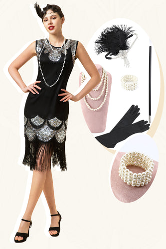 Sort og sølv sequined frynser 1920'erne Gatsby Flapper kjole med 20'erne tilbehør sæt