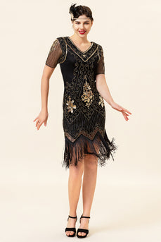 Sorte og gyldne korte ærmer Sequined frynser 1920'erne Gatsby Flapper kjole med 20'erne tilbehør sæt