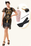 Fringed Golden Pailletter Flapper Kjole med 20'er tilbehør sæt