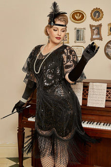 Sorte pailletter Flapper Plus Size kjole fra 1920'erne med tilbehør fra 20'erne