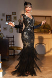 Sort Sequined Fringed Long 1920'erne Gatsby kjole med tilbehør sæt