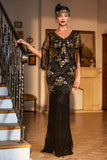 Sort Sequined Fringed Long 1920'erne Gatsby kjole med tilbehør sæt