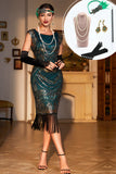 Mørkegrøn Sequined Fringed 1920'erne Gatsby kjole med tilbehør sæt