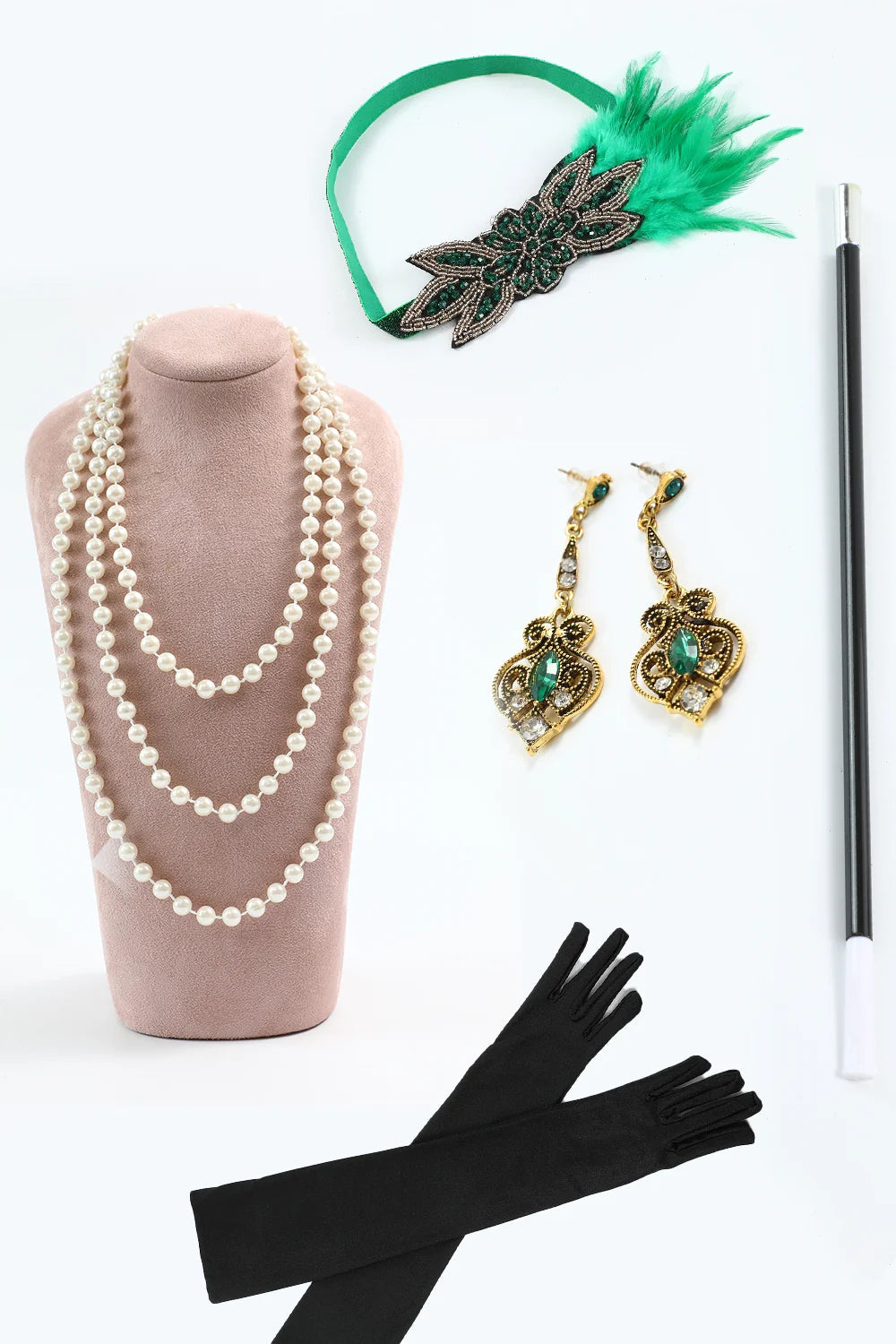Mørkegrøn Sequined Fringed 1920'erne Gatsby kjole med tilbehør sæt