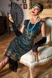Mørkegrøn Sequined Fringed 1920'erne Gatsby kjole med tilbehør sæt