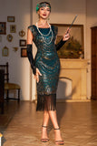 Mørkegrøn Sequined Fringed 1920'erne Gatsby kjole med tilbehør sæt