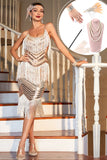 Champagne Sequined Fringed 1920'erne Gatsby kjole med tilbehør sæt