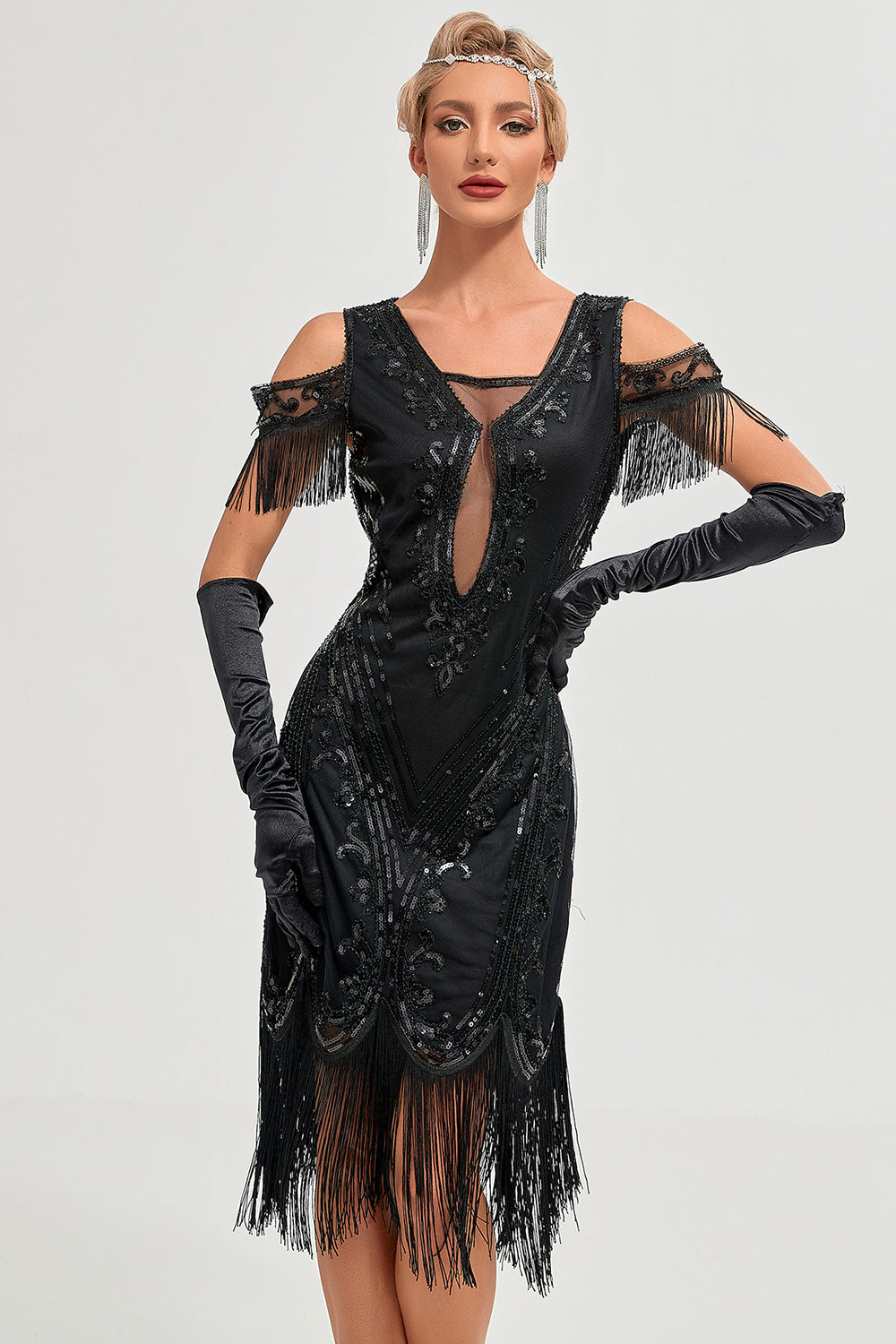 Glitter sort kold skulderpailletter frynser 1920'erne Gatsby kjole med tilbehør sæt
